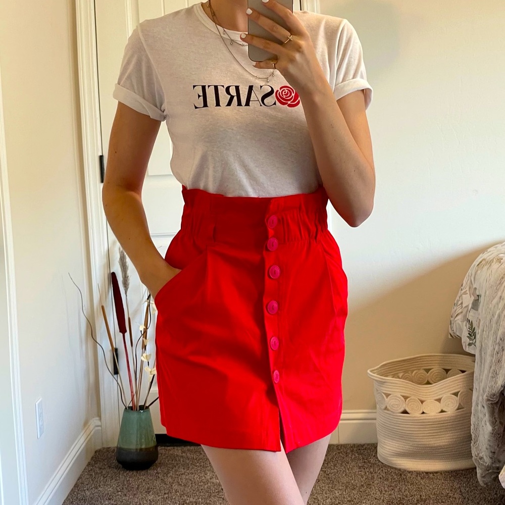 Red Button Down Paperbag Style Skirt